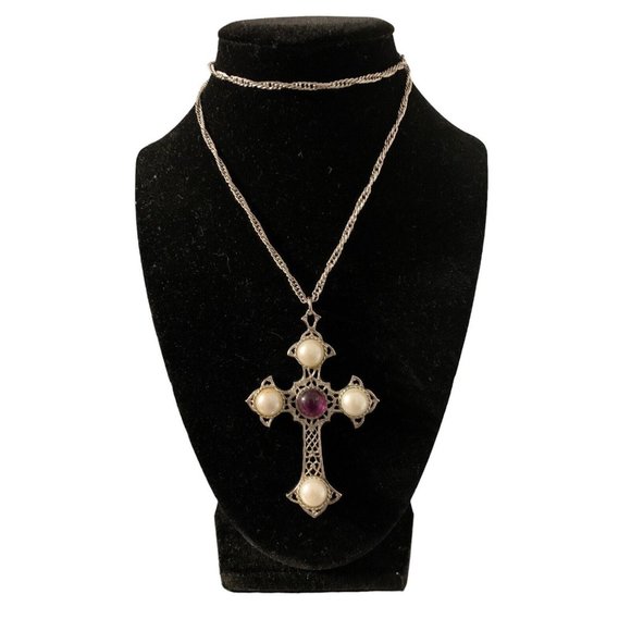 Vintage Sarah Coventry Baroque Cross Necklace Pendant Pearl Amethyst - Picture 1 of 3